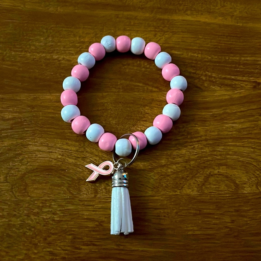 Breast Cancer Awareness Small Bead Wristlet Keychain